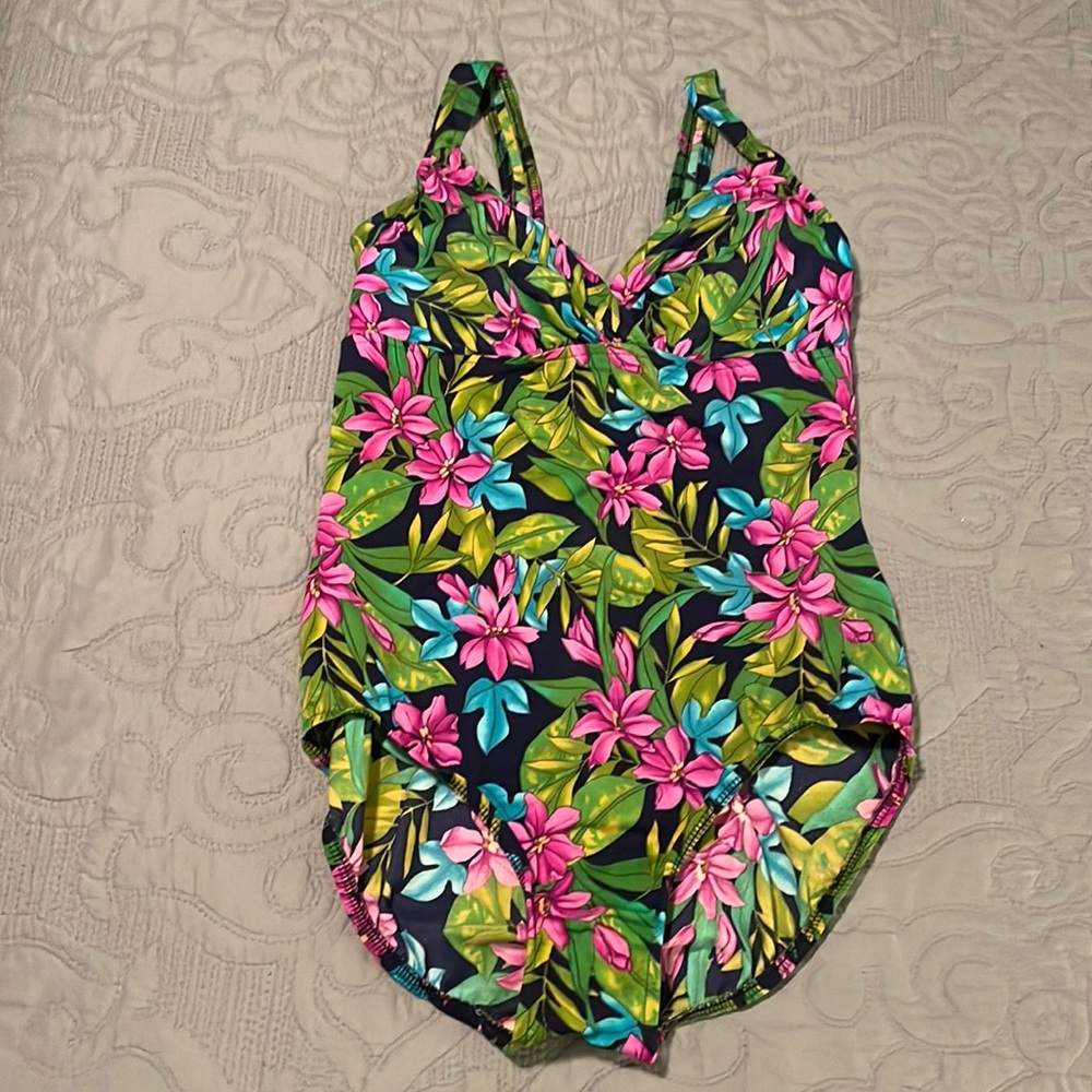 Lands’ End Long 14 Tropical Floral Print Green/Pink One Piece Swimsuit